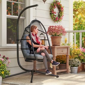 Cadeira Suspensa Tipo Ovo com Estrutura, Cesta Dobrável Almofada e Apoio de Cabeça para Interior e Exterior Suporta 150 kg Cinzento