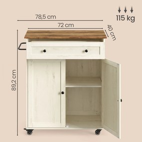 Carrinho de cozinha com armário e gaveta em estilo rústico 78,5 x 40 x 89,2 cm Branco vintage e castanho-mel
