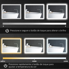 Espelho Casa de Banho com Luzes LED 80x60 cm Função Antiembaciamento 3 Cores Função de Memória e Interruptor Tátil Prata