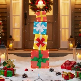 Conjunto de 4 caixas de presente de Natal empilháveis pré-iluminadas 120 cm Decoração natal com LED multicolorido