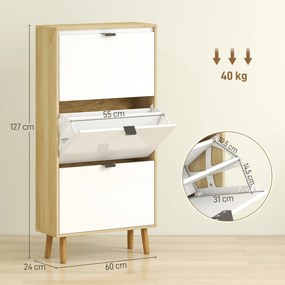 Sapateira estreito para sapatos  60 x 24 x 127 cm, 3 gavetas rebatíveis, branca e castanha