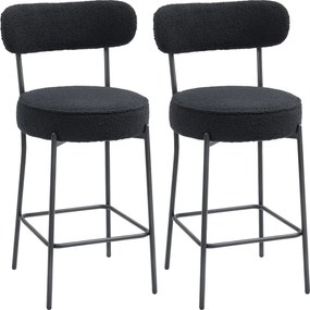 Conjunto de 2 bancos de bar em tecido felpudo, bancos de bar com encosto curvo e apoio para os pés, 49 x 52 x 95 cm, preto