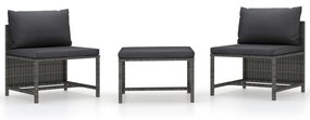 vidaXL 3 pcs conjunto sofás de jardim c/ almofadões vime PE cinzento