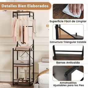 Cabide entrada com 4 prateleiras 40 x 30 x 162 cm, 6 ganchos e 3 barras de metal resistente para entrada, corredor ou quarto Castanho rústico + preto