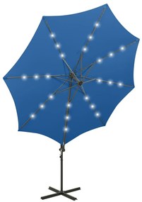 Guarda-sol jardim cantilever poste/luzes LED 300 cm azul-ciano
