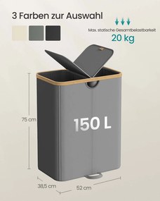 Cesto para roupa suja com duas divisões e tampa 52 x 38,5 x 75 cm cinzento + bege natural