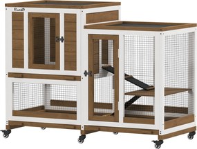 Coelheira de Madeira Interior Gaiola para Coelhos de 2 Níveis com Rodas 2 Rampas 3 Bandejas Amovíveis 110x50x86 cm Castanho