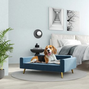Sofá-cama para cães com design escandinavo, almofada macia, pés em metal dourado, 94 x 59,5 x 31,5 cm, veludo sedoso azul