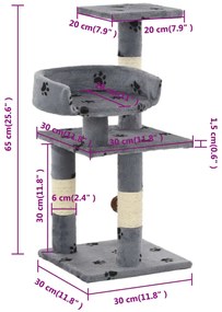Árvore para gatos c/ postes arranhadores sisal 65 cm cinzento