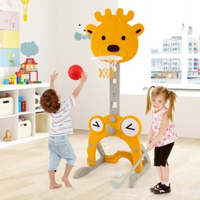 Cesto de basquetebol Veado 4 em 1 com baliza de futebol, argolas e golfe, altura ajustável, base reenchível para interior e exterior Amarelo