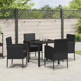 Conjunto de Jantar de Jardim com Almofadas Preto Rattan Poliéster