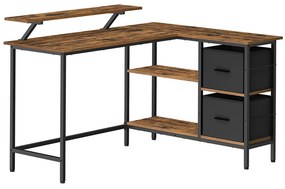Secretária em L com gavetas e apoio para monitor. | VASAGLE | 135 x 105 x 89,5 cm | castanho rústico | LWD098B01.