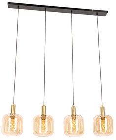 LED Candeeiro suspenso inteligente preto com latão e vidro âmbar 4 luzes incluindo 4 Wifi G95 - Zuzanna
