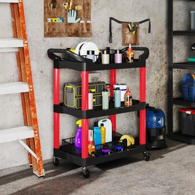 Carro de Oficina  de Ferramentas com 3 Prateleiras Rodas e Pegas para Garagem Oficina Casa 83x43x97 cm Vermelho e Preto