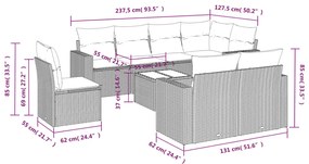 9 pcs conjunto de sofás p/ jardim c/ almofadões vime PE preto