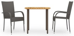3 pcs conjunto de jantar para jardim vime PE castanho