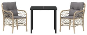 Conjunto de Jantar de Jardim 3 Peças com Almofadas em Rattan Sintético
