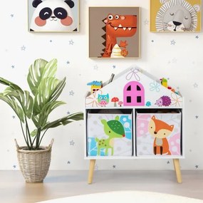Estante para crianças Organizador de madeira Prateleiras para arrumação de brinquedos com 2 recipientes de arrumação e pernas elevadas Branco