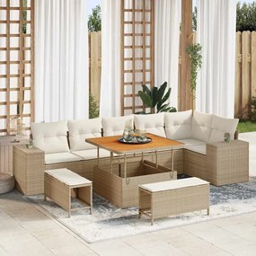 Conjunto de Sofá de Jardim vidaXL com Almofadas de 9 Peças Bege Rattan Sintético Acácia