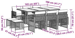 11 pcs conjunto jantar p/ jardim c/ almofadões vime PE cinzento