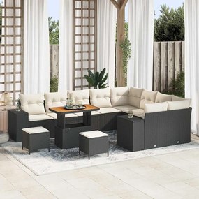 Conjunto de Sofá de Jardim vidaXL de 12 Peças com Almofadas Preto Rattan PE Acácia