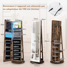 Armário para joias com espelho Armário para joias com espelho e luzes LED ajustáveis ​​54,5 x 54,5 x 160 cm Branco