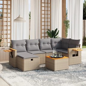 7 pcs conj. sofás jardim c/ almofadões vime PE bege misturado