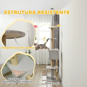 Arranhador para Gatos do Chão ao Teto de 225-265 cm  com Altura Ajustável Múltiplas Plataformas Escada Bola Suspensa Cinza Claro