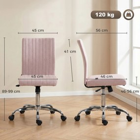 Cadeira de escritório sem braços, cadeira de escritório, altura ajustável e giratória a 360°, 43 x 56 x 89-99 cm, rosa