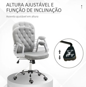 Cadeira de Escritório Estofada em Veludo Cadeira Giratória com Altura Ajustável e Decorações de Cristal 59,5x60,5x95-105 cm Cinzenta