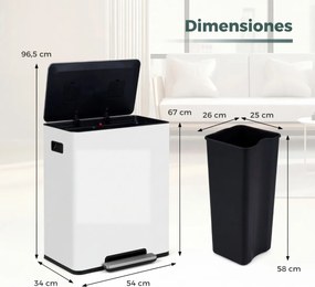 Cubo do lixo de 60 L para cozinha 54 x 34 x 67 cm com 2 compartimentos, tampa com pedal e alças laterais branco
