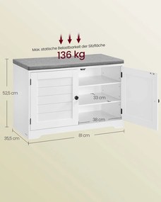 Banco para sapatos com espaço de arrumação 35,5 x 81 x 52,5 cm, portas, almofadas de assento e prateleiras ajustáveis Branco - Cinzento
