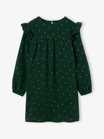 Vestido com folhos no ombro, em gaze de algodão verde-abeto