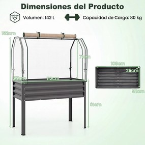 Floreira elevada com estufa 112 x 55 x 152 cm, canteiro de jardim em metal galvanizado com cobertura de proteção e porta enrolável para pátio, terraço