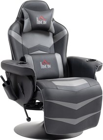 HOMCOM Cadeira gamer, função de massagem, encosto reclinável, apoio para os pés, até 120 kg, estrutura de aço, couro sintético, cinza | Aosom Portugal