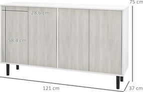 Aparador de cozinha com 2 armários e prateleiras ajustáveis, 121 x 37 x 75 cm, branco e acabamento em madeira cinzenta