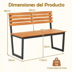 Banco jardim 110 x 55 x 85 cm de dois lugares Madeira de acácia Estrutura metálica resistente Jardim Preto e natural