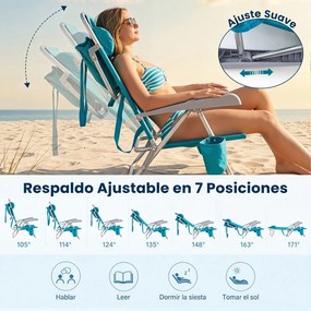 Conjunto de 2 Cadeiras de Praia, 69 x 60 x 79 cm, Encosto Regulável em 7 Posições, Turquesa