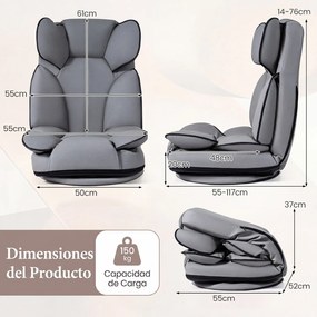 Cadeira de Chão Giratória, 55 x 55-117 x 20-76 cm, Encosto Reclinável, Cinzento
