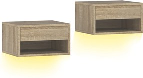 HOMCOM Conjunto de 2 Mesas de Cabeceira Flutuantes com Luzes LED RGB Controlo por APP e Prateleira Aberta 37x32x21 cm Madeira | Aosom Portugal