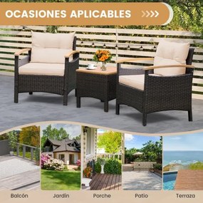 Conjunto de jardim de 3 peças com mesa de café Almofada amovível Apoio de braços em madeira de acácia para jardim Piscina Castanho