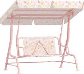 AIYAPLAY Baloiço Jardim Crianças 2 Lugares Toldo Ajustável Cinto Segurança Desenho Borboletas Resistência Exterior 112x75x120 cm Rosa | Aosom Portugal