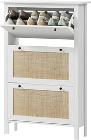 Sapateira, Móvel para sapatos 80 x 23,5 x 121,5 cm, armário de 3 portas com abas, efeito de vime - em madeira natural