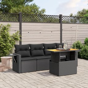 5 pcs conjunto sofás de jardim com almofadões vime PE preto