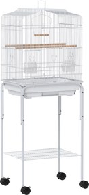 PawHut Gaiola para Pássaros com Rodas Prateleira Portas 2 Comedouros 2 Poleiros Baloiço Bandeja Removível 46,5x36x124 cm Branco | Aosom Portugal