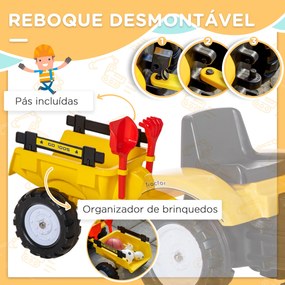 HOMCOM Tractor a Pedal para Crianças de 3-6 Anos Carro Andador Escavadora com Pá Frontal e Roboque Amovível Carga Máxima 35kg 163x42x71cm Amarelo