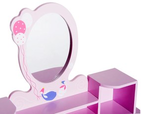 Toucador Infantil com Banco e Espelho tipo Princesa Mesa-de-Maquilhagem-de-Madeira -Cor-de-Rosa- 59 x 39 x 92 cm