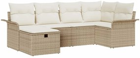 Conjunto de Sofá de Jardim 6 Peças com Almofadas Bege Rattan Poliéster