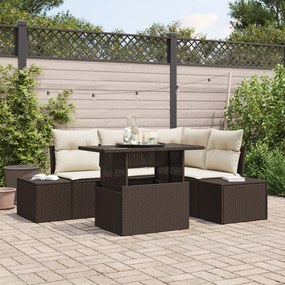 Conjunto de Sofá de Jardim de 5 Peças com Almofadas Castanho em Rattan