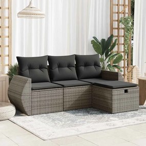 4 pcs conjunto sofás de jardim c/ almofadões vime PE cinzento